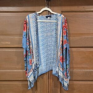 Light Blue Floral Open-Front Tunic Kimono by
